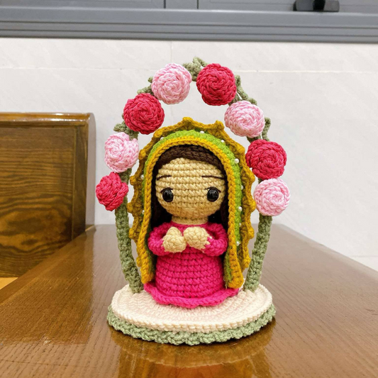 Crochet Virgin of Guadalupe Under Rose Arch | Handmade Catholic Gift | Marian Decor | 24 cm Religious Amigurumi | Spiritual Home Altar