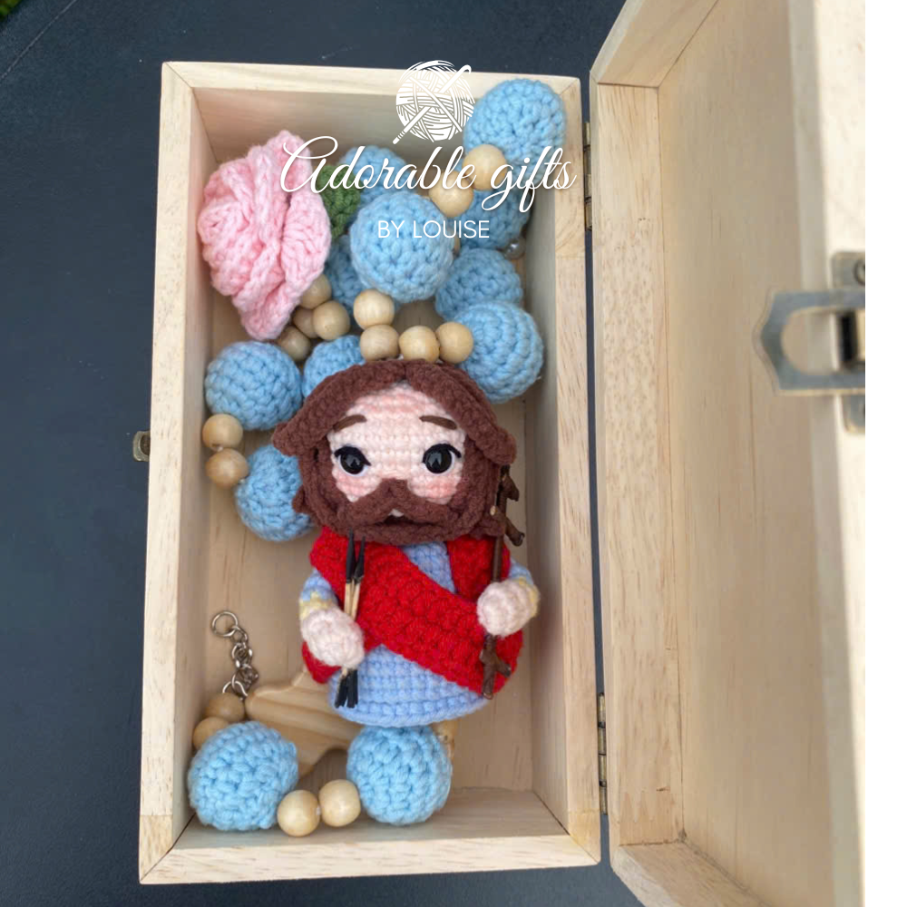 Custom Handmade Crochet Rosary – Saint Sebastian – Sky Blue & Light Wood Beads