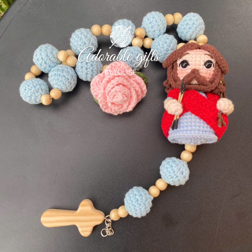 Custom Handmade Crochet Rosary – Saint Sebastian – Sky Blue & Light Wood Beads