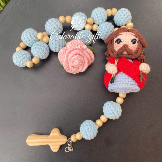 Custom Handmade Crochet Rosary – Saint Sebastian – Sky Blue & Light Wood Beads