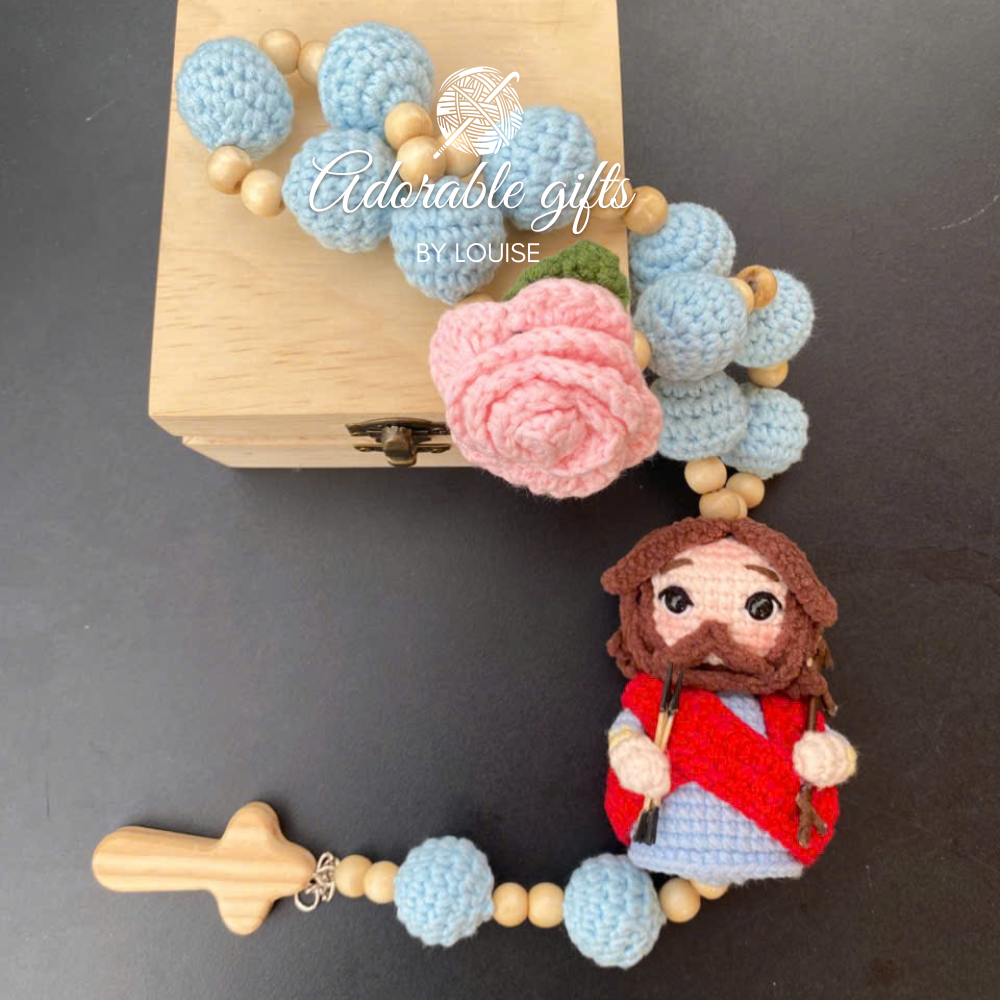 Custom Handmade Crochet Rosary – Saint Sebastian – Sky Blue & Light Wood Beads