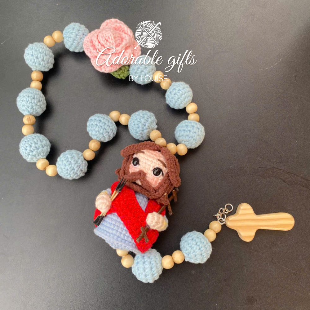 Custom Handmade Crochet Rosary – Saint Sebastian – Sky Blue & Light Wood Beads