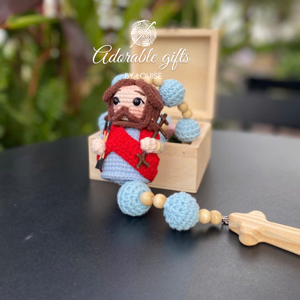 Custom Handmade Crochet Rosary – Saint Sebastian – Sky Blue & Light Wood Beads