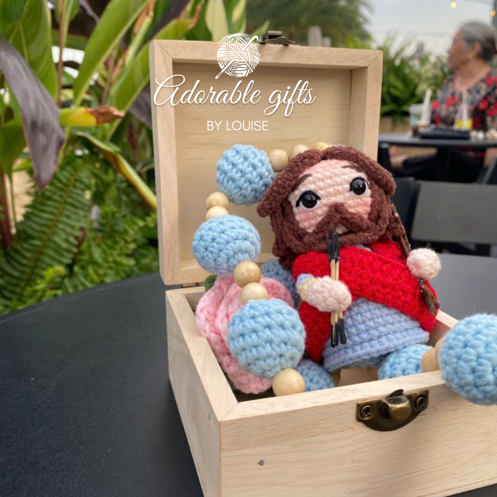 Custom Handmade Crochet Rosary – Saint Sebastian – Sky Blue & Light Wood Beads