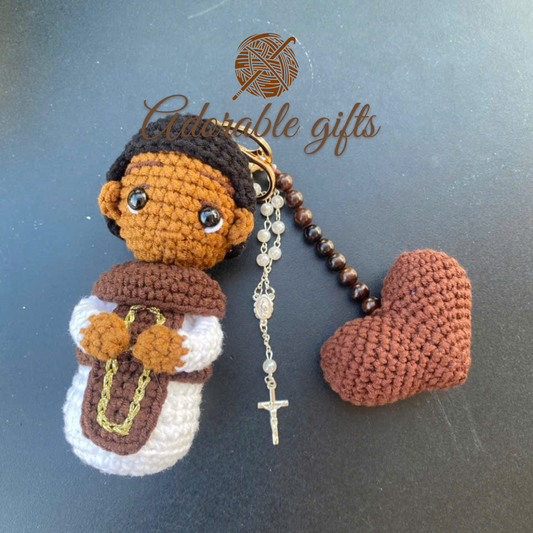 Handmade Crochet Catholic Figurine Keychain – Personalized Name Beads, Car & Bag Charm, Unique Gift